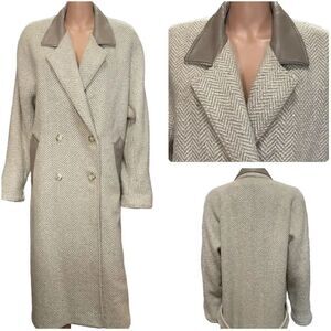 London Fog Tempo Europa Vintage Pure Wool Leather Collar Trench Coat Size 12